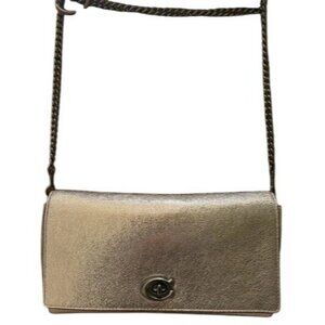 Coach 2018 Alexa Turnlock  Platinum Silver Crinkle Metallic Leather Crossbody